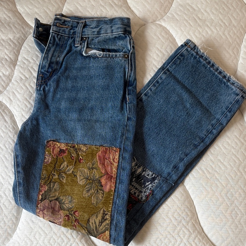 We The Free/Free People Faded Blue Denim Jeans with Patchwork Stitching